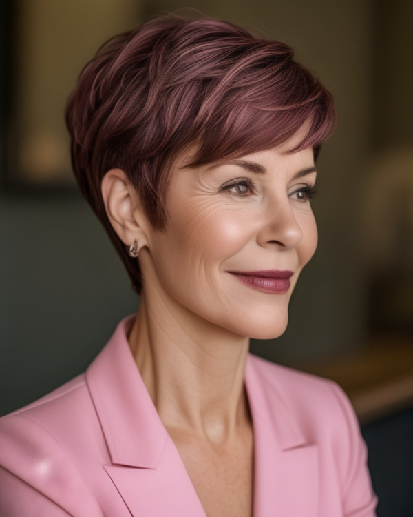 Trendy Mauve Plum Pixie Haircut for women over 50, pixie haircut for women over 50