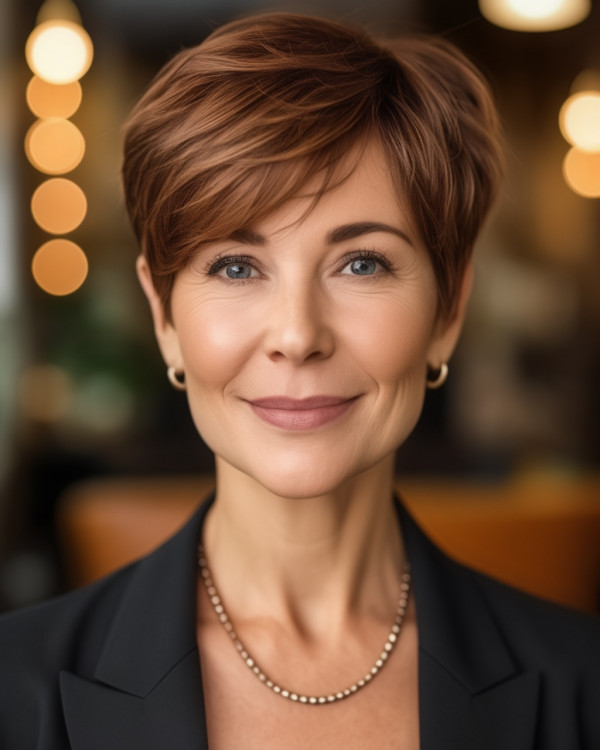 Stylish Copper Brown Pixie haircut, pixie haircut for women over 50