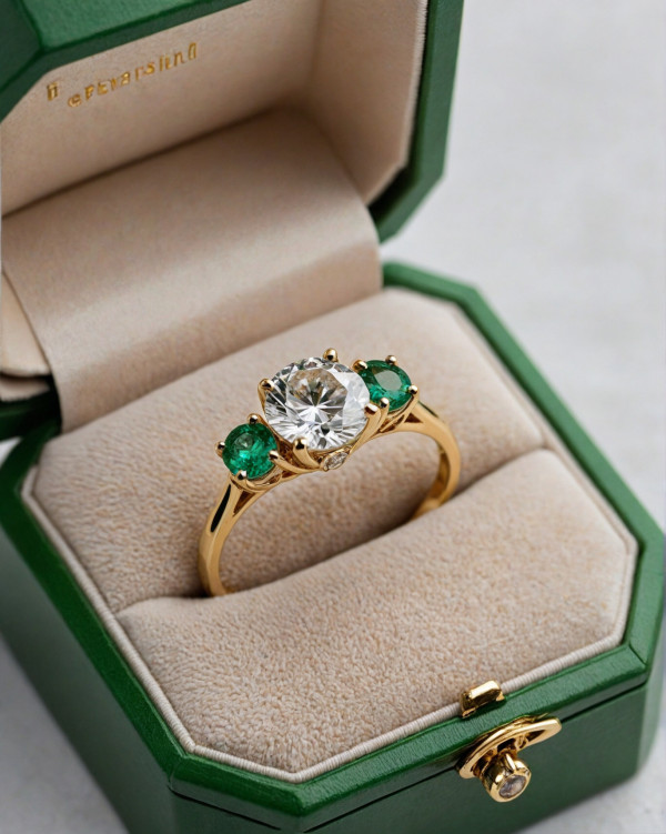 40 Dazzling Engagement Rings : Round-Cut Diamond and Emerald Engagement Ring