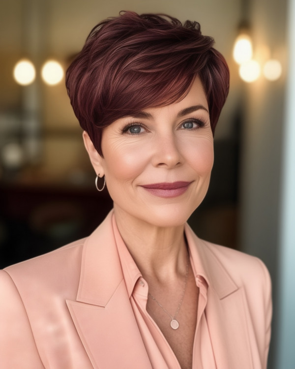 Casual and Chic Burgundy Wine Pixie, pixie haircut for women over 50