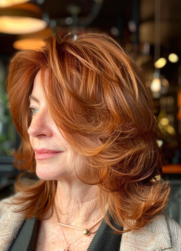 30 Mid-Length Hairstyles For Over 60 : Fiery Auburn Layers