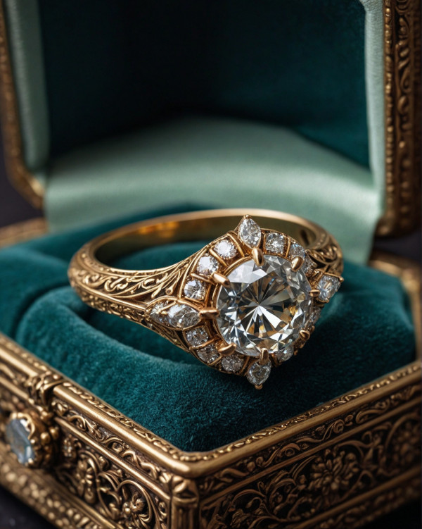 Round-Cut Diamond Engagement Ring in Intricate Gold Setting