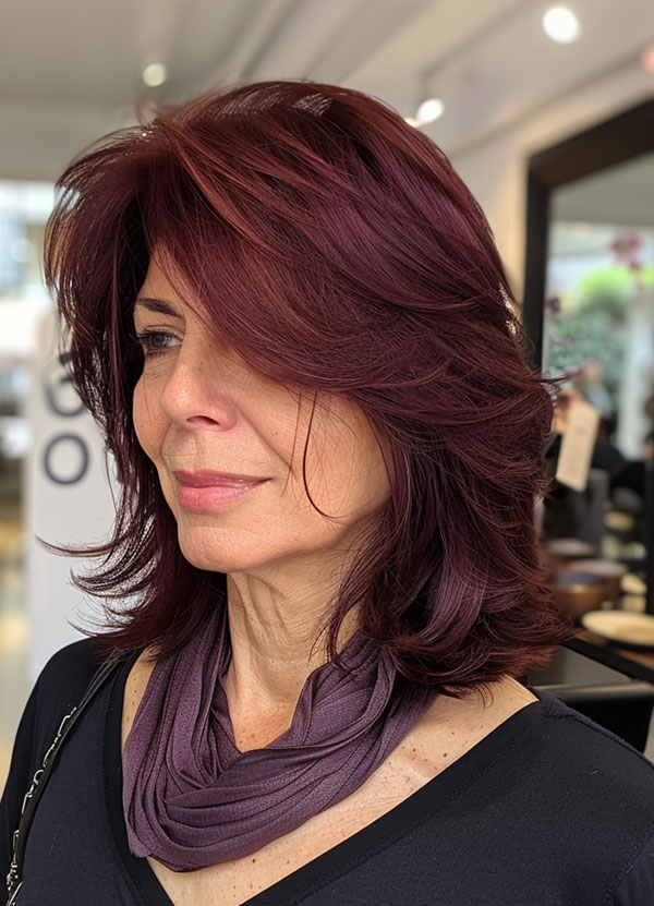 30 Medium-Length Hairstyles For Women Over 50 : Rich Plum Waves