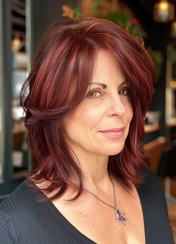 30 Medium-Length Hairstyles For Women Over 50 : Mahogany Shoulder-Length Haircut