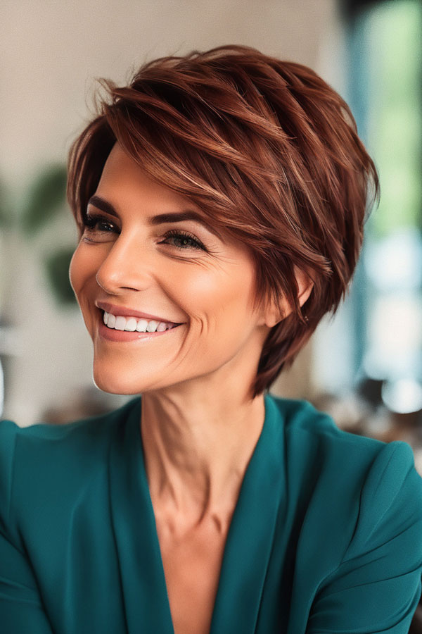 30 Pixie Haircuts for Over 50 : Breezy Tousled Layered Auburn Pixie