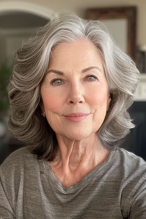 30 Mid-Length Hairstyles For Over 60 : Silver Voluminous Layers