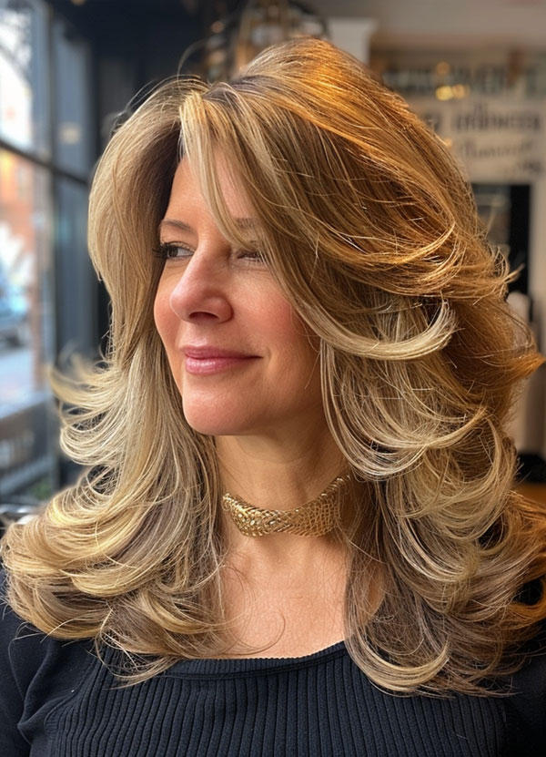 30 Mid-Length Hairstyles For Over 60 : Golden Blonde Feathered Layers