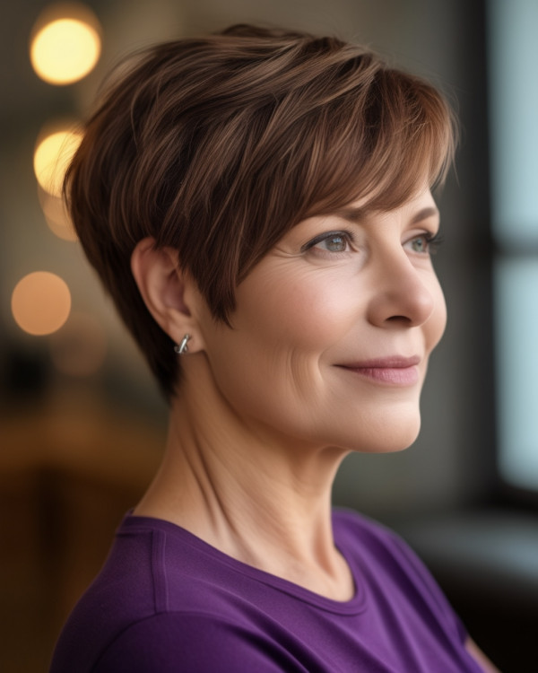 Chestnut Brown Pixie Haircut, modern pixie haircut for women over 50