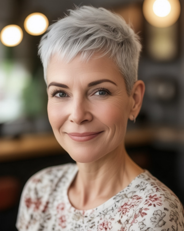 Close-Cropped Silvery-Grey Pixie, pixie haircut for women over 50