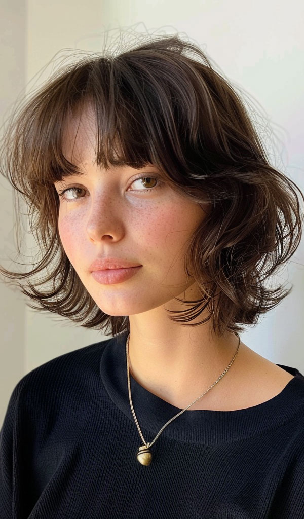 33 Chic Bob Haircuts with Bangs : Effortlessly Brunette Chic Wavy Bob