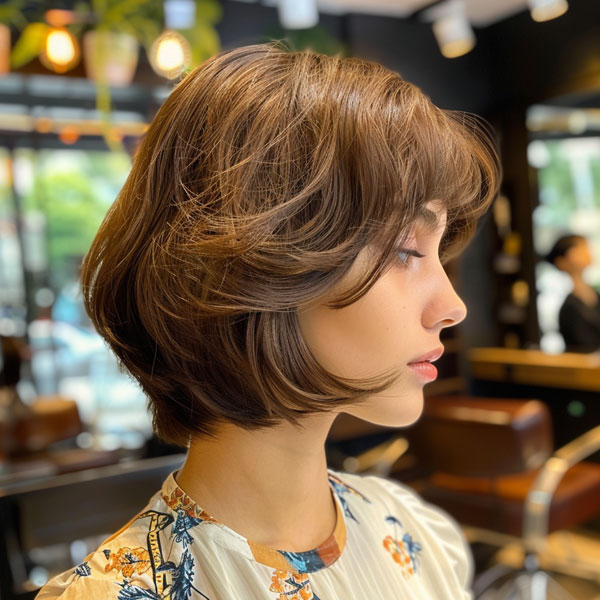 33 Chic Bob Haircuts with Bangs : Soft Layered Bob with Wispy Bangs