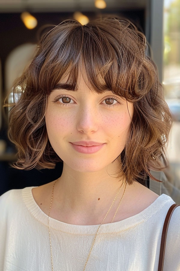 33 Chic Bob Haircuts with Bangs : Soft Curly Bob with Wispy Bangs