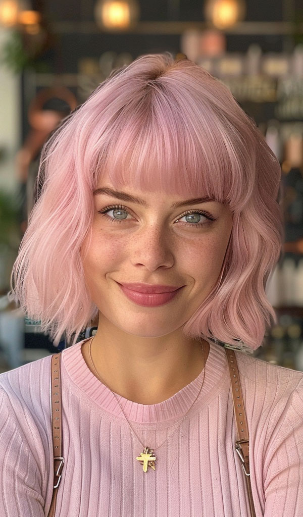 33 Chic Bob Haircuts with Bangs : Playful Pink Bob with Bangs