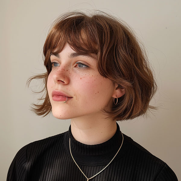 33 Chic Bob Haircuts with Bangs : Textured Chestnut Bob with Wispy Bangs