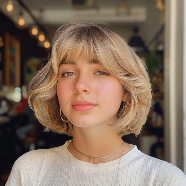 33 Chic Bob Haircuts with Bangs : Fluffy Blonde Bob with Curtain Bangs