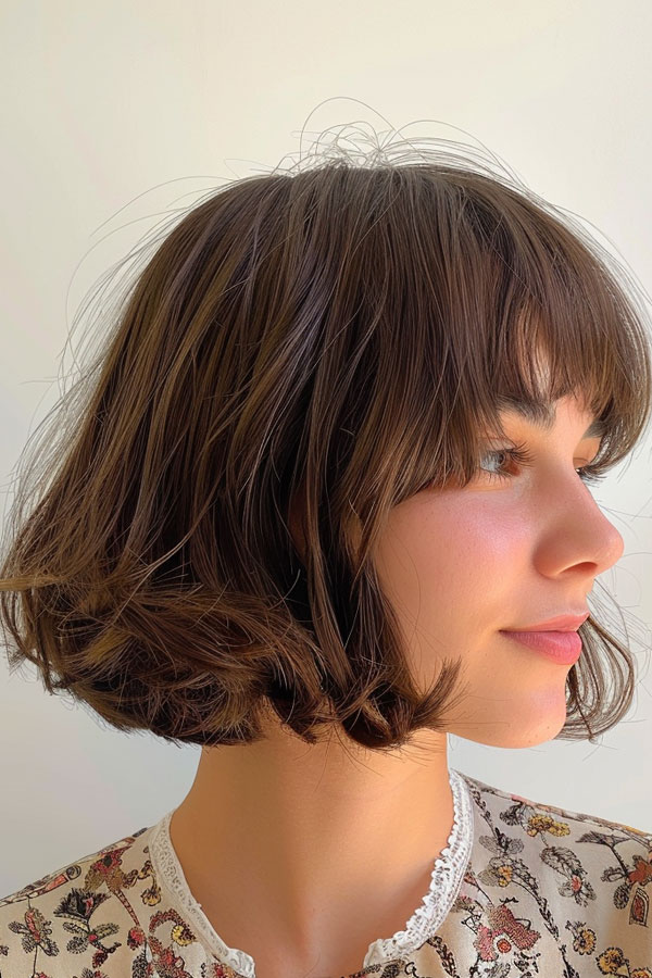 33 Chic Bob Haircuts with Bangs : Brunette Bob with Soft Bangs