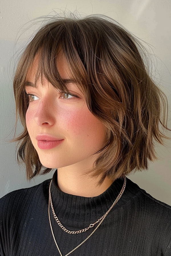 Textured Brunette Bob with Choppy Bangs