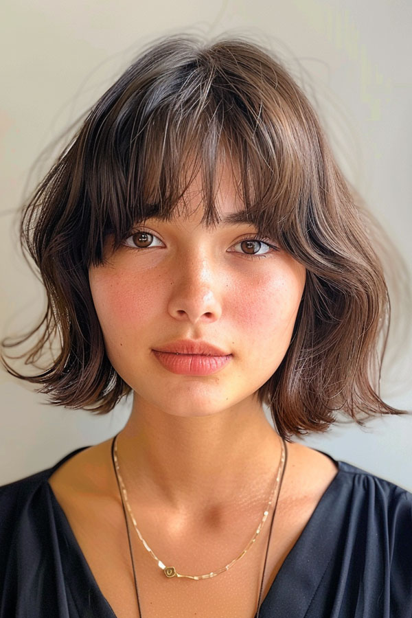 33 Chic Bob Haircuts with Bangs : Brown Textured Bob with Wispy Bangs