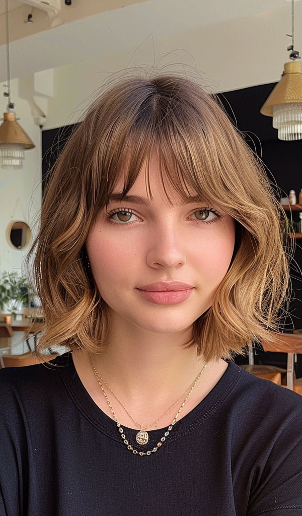 33 Chic Bob Haircuts with Bangs : Golden Brown Waves Bob