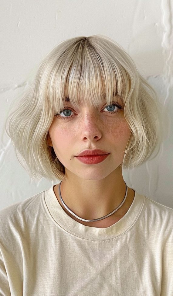 33 Chic Bob Haircuts with Bangs : Platinum Blonde Bob with Blunt Bangs