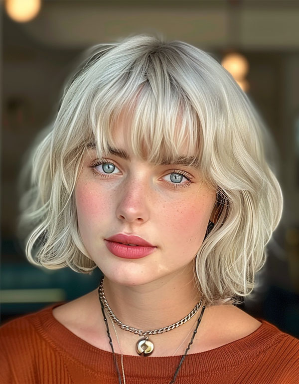 33 Chic Bob Haircuts with Bangs : Platinum Waves with Soft Bangs