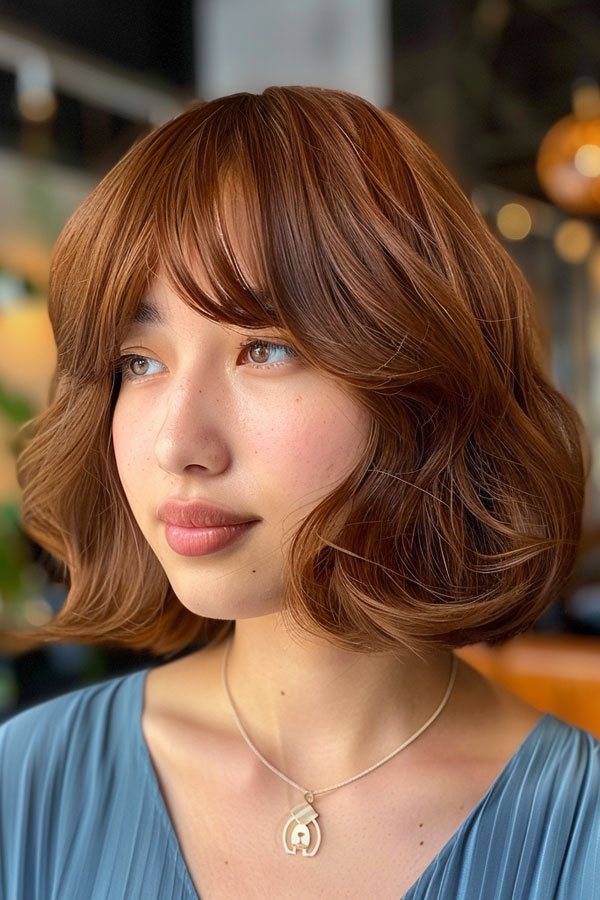 33 Chic Bob Haircuts with Bangs : Warm Copper Bob with Curtain Bangs