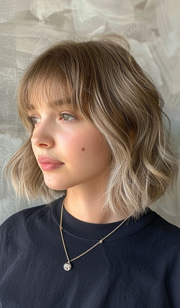 33 Chic Bob Haircuts with Bangs : Mushroom Blonde Bob with Soft Bangs