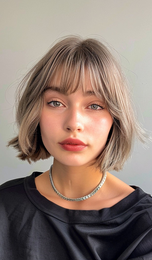 33 Chic Bob Haircuts with Bangs : Ashy Silver Bob with Wispy Bangs