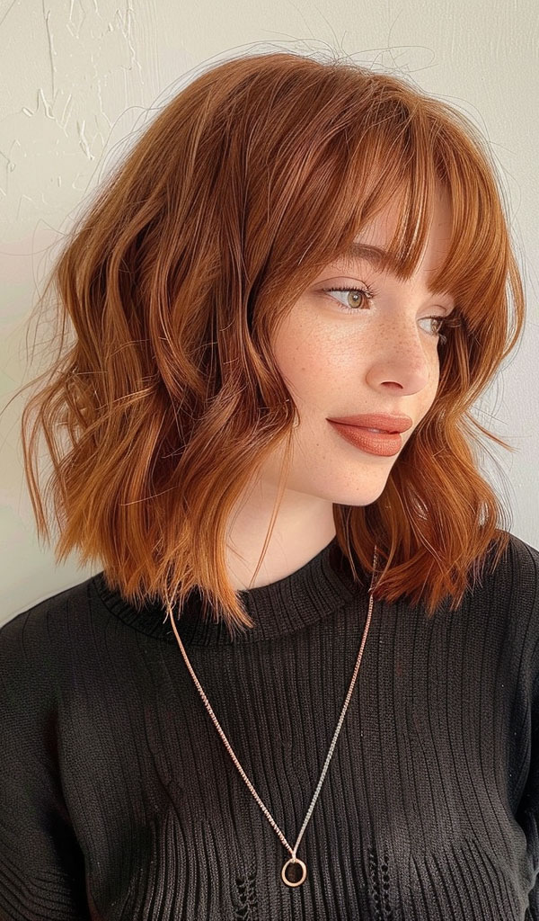 33 Chic Bob Haircuts with Bangs : Fiery Red Bob with Soft Waves