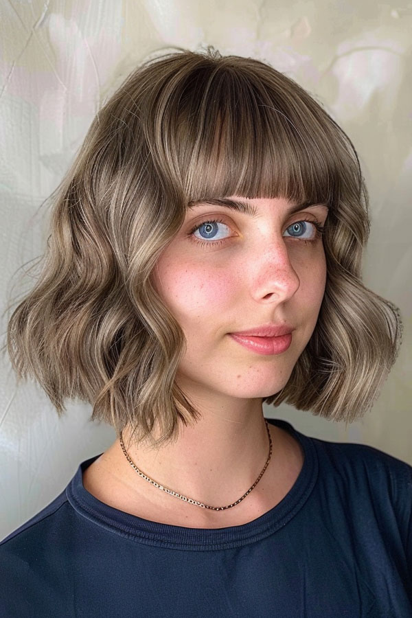 33 Chic Bob Haircuts with Bangs : Ash Blonde Wavy Bob with Full Bangs