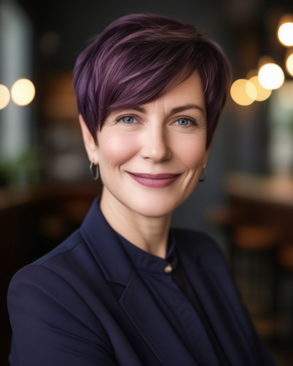 Modern and Sleek Deep Plum Pixie, pixie haircut for women over 50