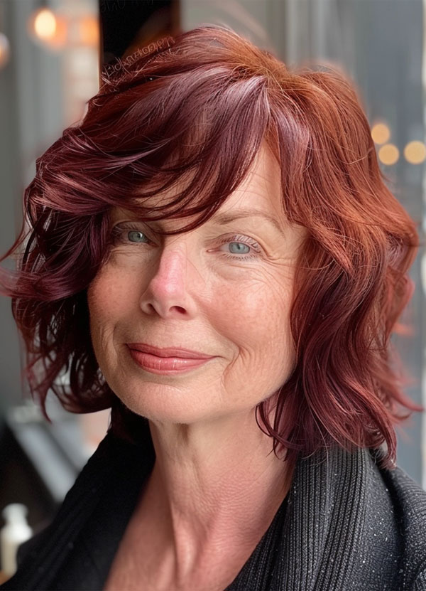 30 Mid-Length Hairstyles For Over 60 : Vibrant Red Tousled Curls