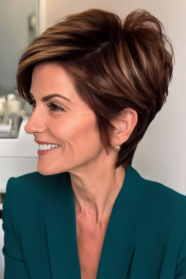 30 Pixie Haircuts for Over 50 : Sleek Chestnut Layered Pixie