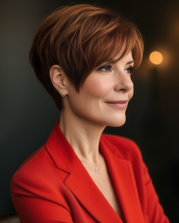 Elegant Auburn Pixie for Women Over 50, 30 Pixie Haircuts for Over 50 : Elegant Auburn Pixie with Fringe