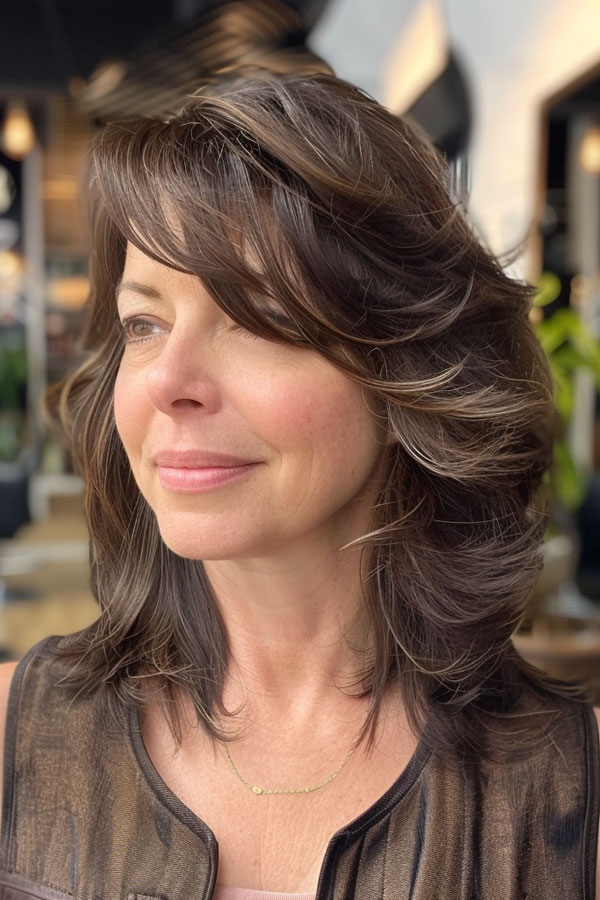 30 Medium-Length Hairstyles For Women Over 50 : Soft Chocolate Layers