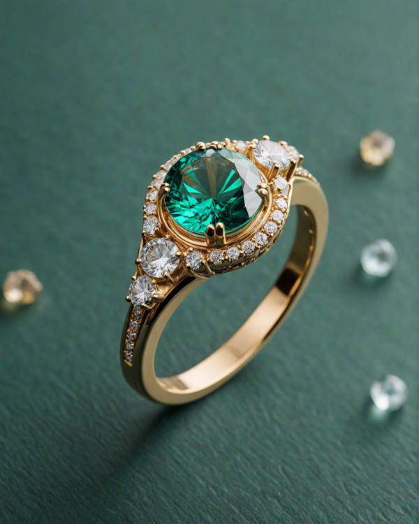 40 Dazzling Engagement Rings : Green Gemstone and Diamond Halo Engagement Ring