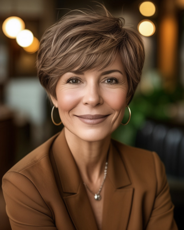 Sophisticated Ash Brown Pixie, Pixie haircut for women over 50