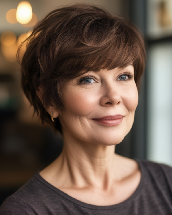 Soft Chestnut Pixie Bob with fringe for women over 50