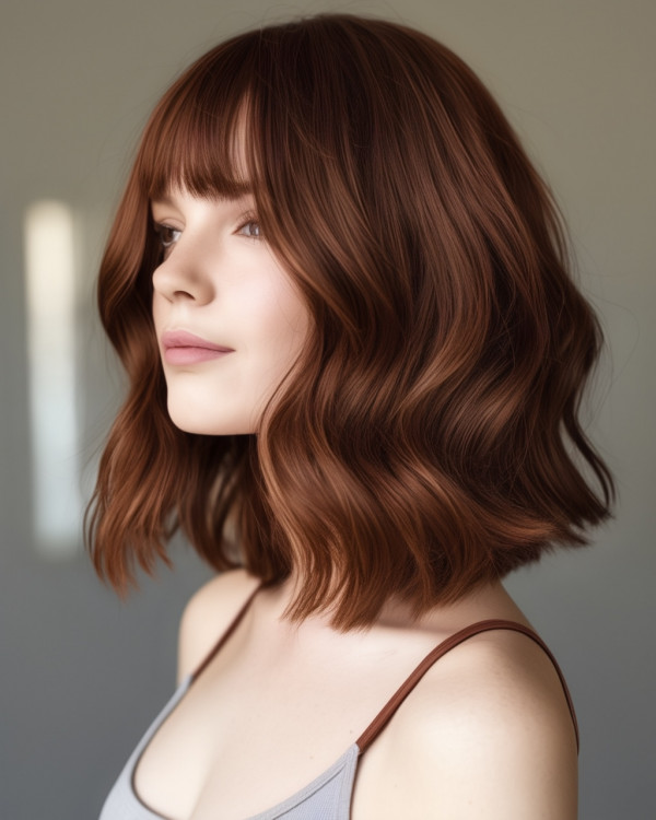 30 Auburn Balayage Hairstyles : Deep Auburn Chocolate Medium-Length with Fringe