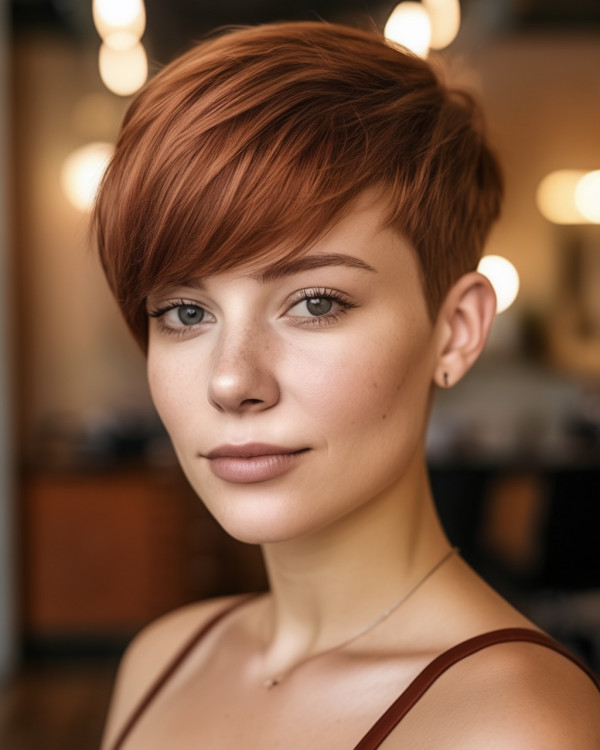 23 Cinnamon Short Hairstyles : Cinnamon Sleek Pixie with Long Bangs