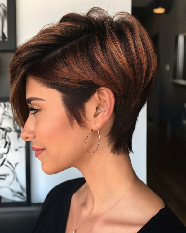 Deep Cinnamon Layered Pixie with Long Bangs