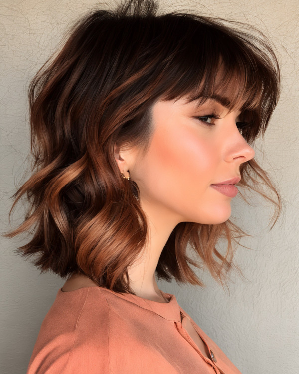 Cinnamon Balayage Wavy Long Bob with Fringe