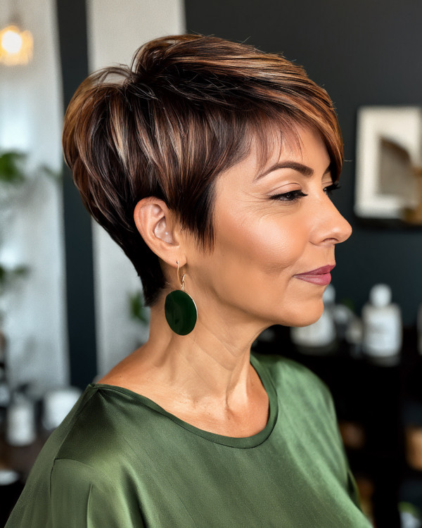 Cinnamon Caramel Pixie, pixie haircut for older women