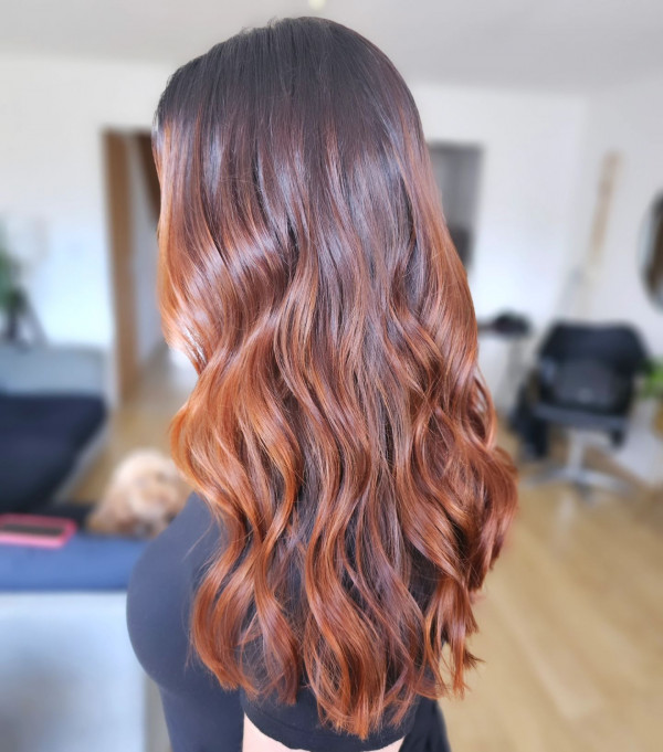 Fiery Auburn Waves, auburn balayage hairstyle