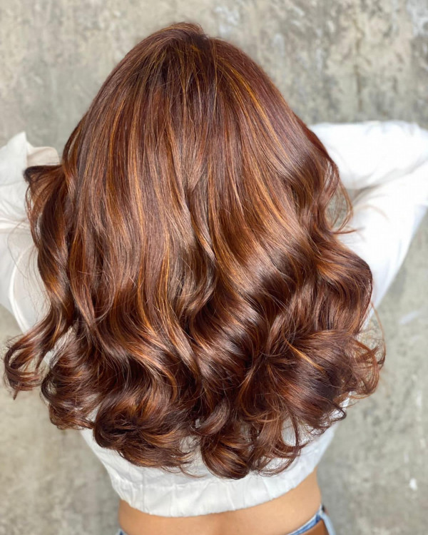 Luminous Auburn Waves, deep auburn balayage hairstyle