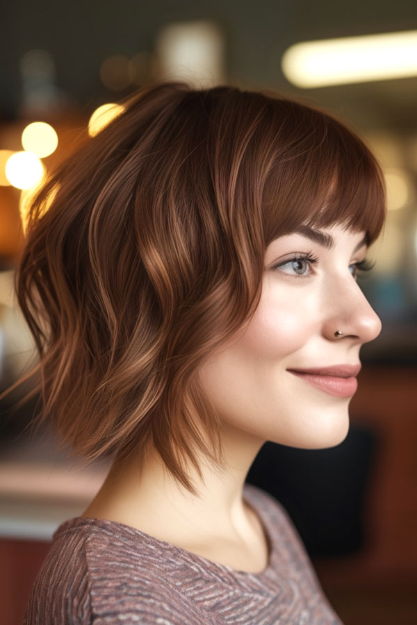 17 Cinnamon Hair Colours for Fall : Caramel Cinnamon Wavy Bob