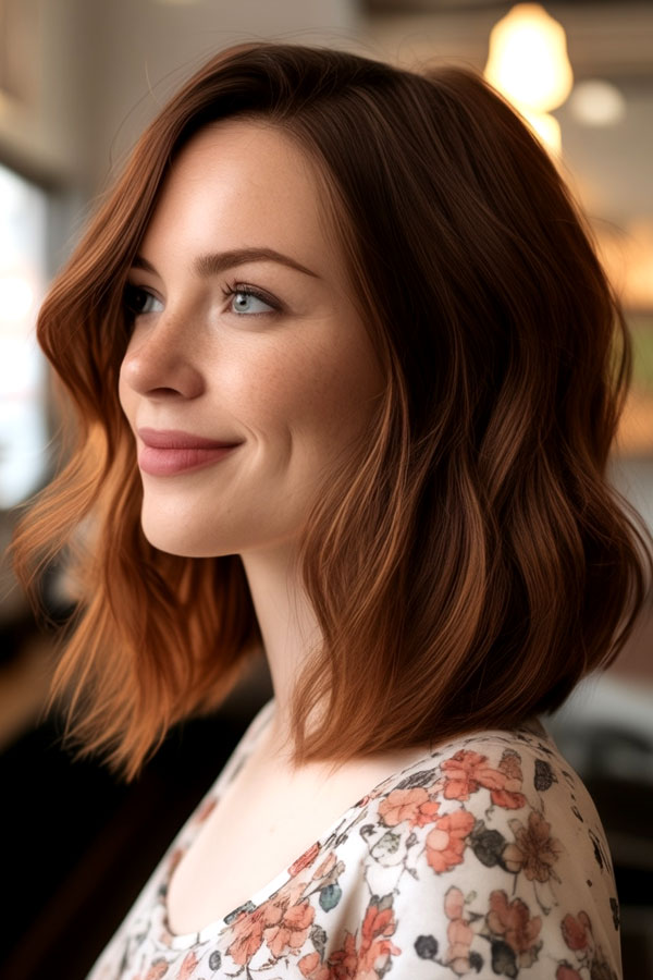 Caramel Auburn Shoulder-Length haircut, autumn hair colour