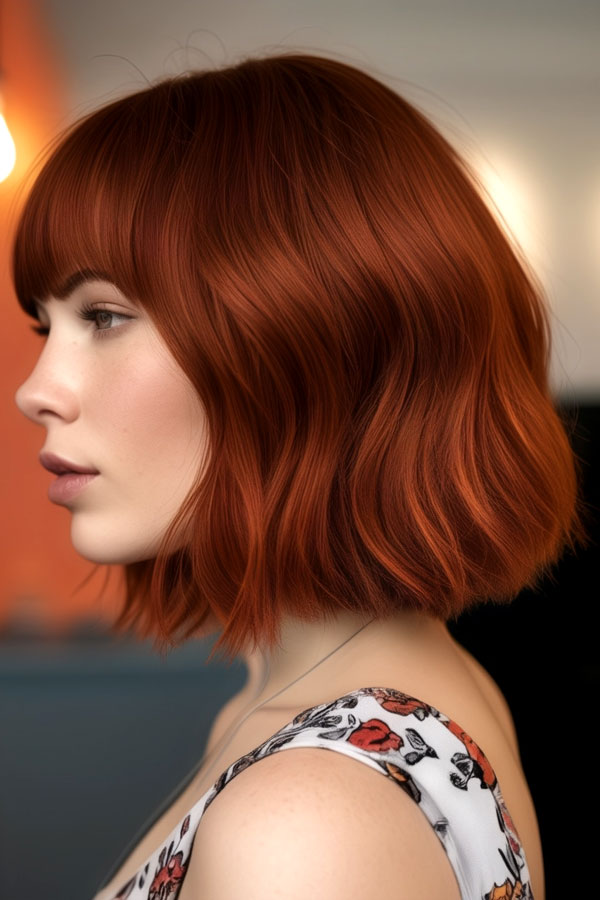 Fiery Auburn long bob with bangs