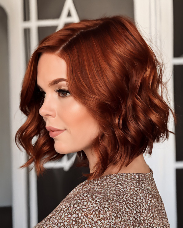 Medium-Length Auburn Curls with Side Part