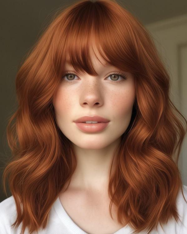 Radiant Mid-Length Auburn Waves with Bangs